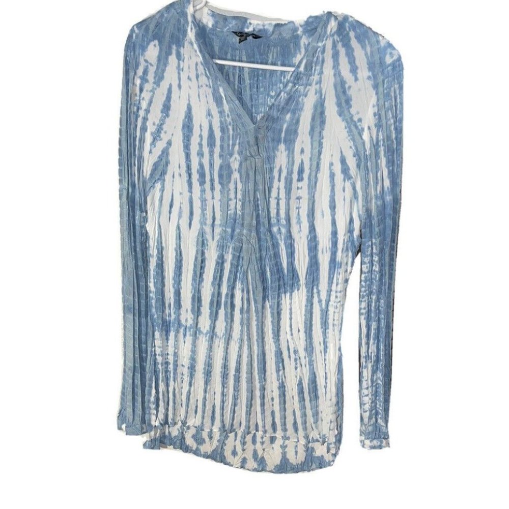 Conrad C Collection Tie Dye Crinkle Blouse Size 6 Blue White Long Sleeve